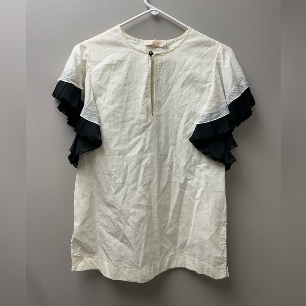 Tory Burch Women’s Short Sleeve‎ Cream Blouse with Ruffled Sleeves